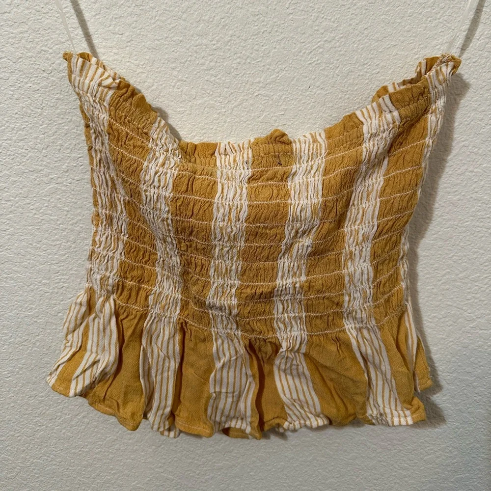 EUC AMERICAN EAGLE Peplum Ruched Yellow & White Striped Tube Top - Picture 4 of 8